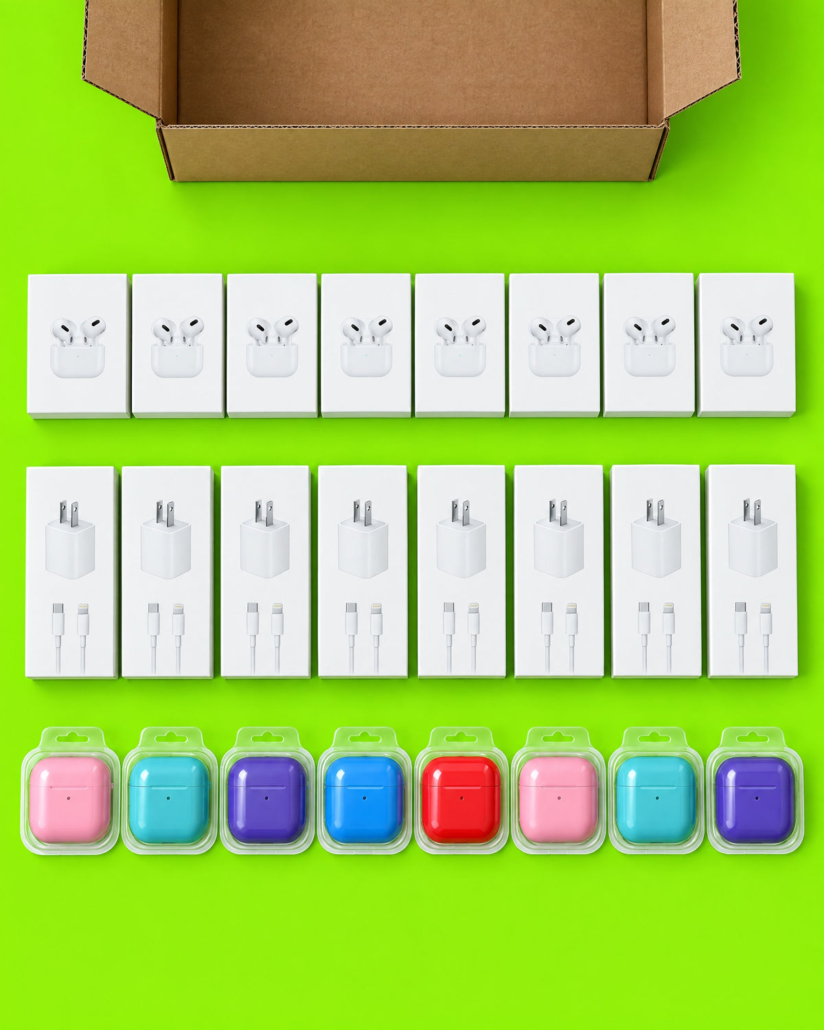 Contenido de la caja: 8 audífonos, 9 cargadores y 8 protectores