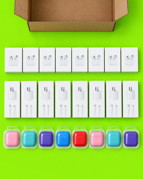 Contenido de la caja: 8 audífonos, 9 cargadores y 8 protectores